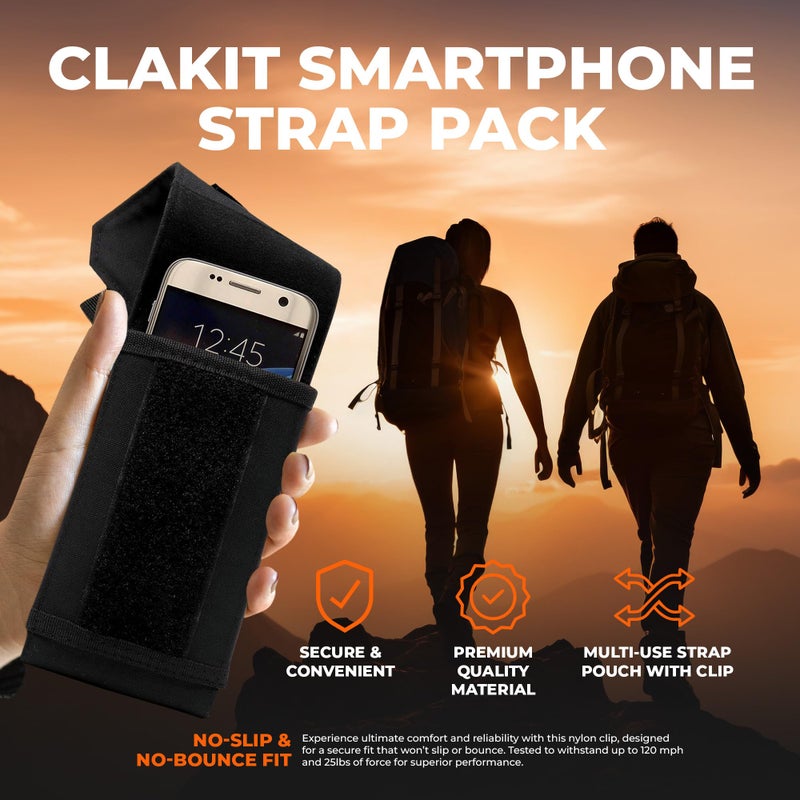 Clakit Phone Holster with Clip - Hook Loop Nylon Cellphone Holster Compact Pouch, Backpack Shoulder Strap Accessory Pouch - Multifunctional Black StrapPack Pouches for Hikers, Travelers & Commuters - Image 3